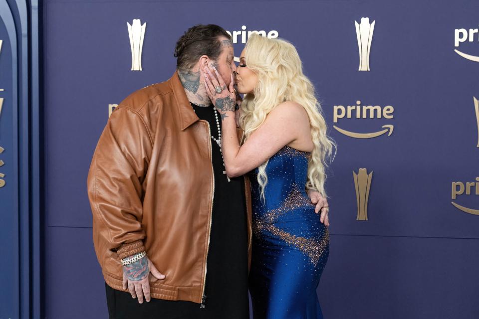 Jelly Roll and Bunnie XO arrive for the 59th Academy of Country Music awards at Ford Center in The Star in Frisco, Texas, on May 16, 2024.