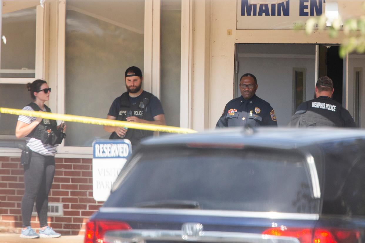 Memphis Police Department officers stand at the entrance to Margolin Hebrew Academy after a man armed with a handgun first tried to enter the school and then began firing his gun outside the school before fleeing in Memphis, Tenn., on Monday, July 31, 2023.