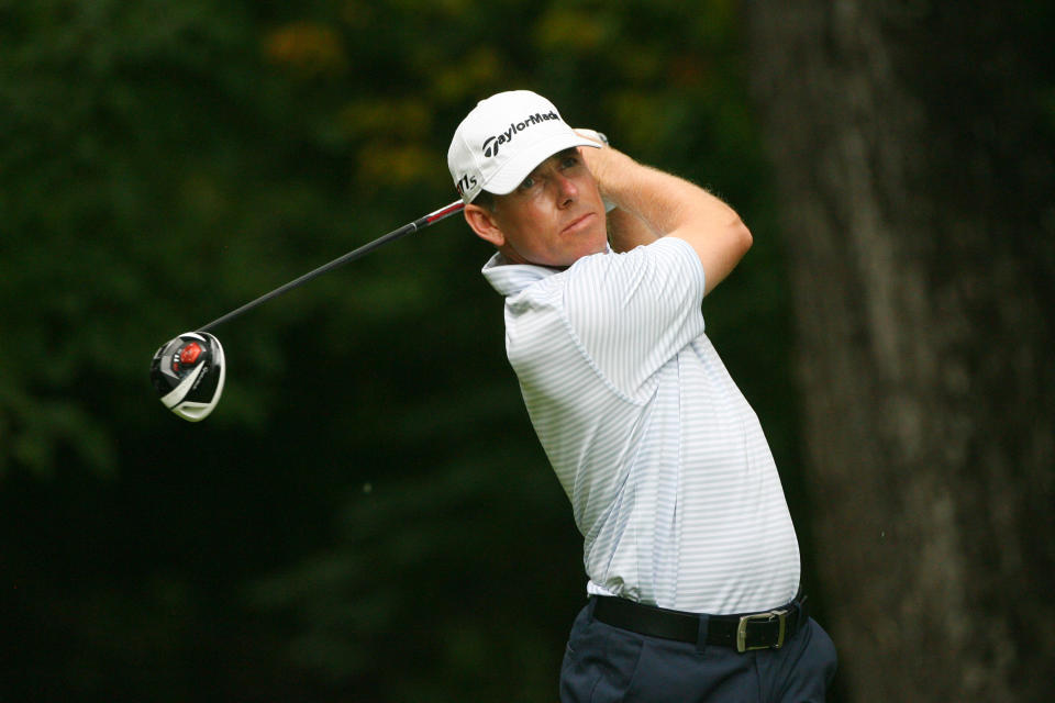 GREENSBORO, NC - AUGUST 19: Justin Leonard hits his tee shot on the second hole during the final round of the Wyndham Championship at Sedgefield Country Club on August 19, 2012 in Greensboro, North Carolina. (Photo by Hunter Martin/Getty Images)