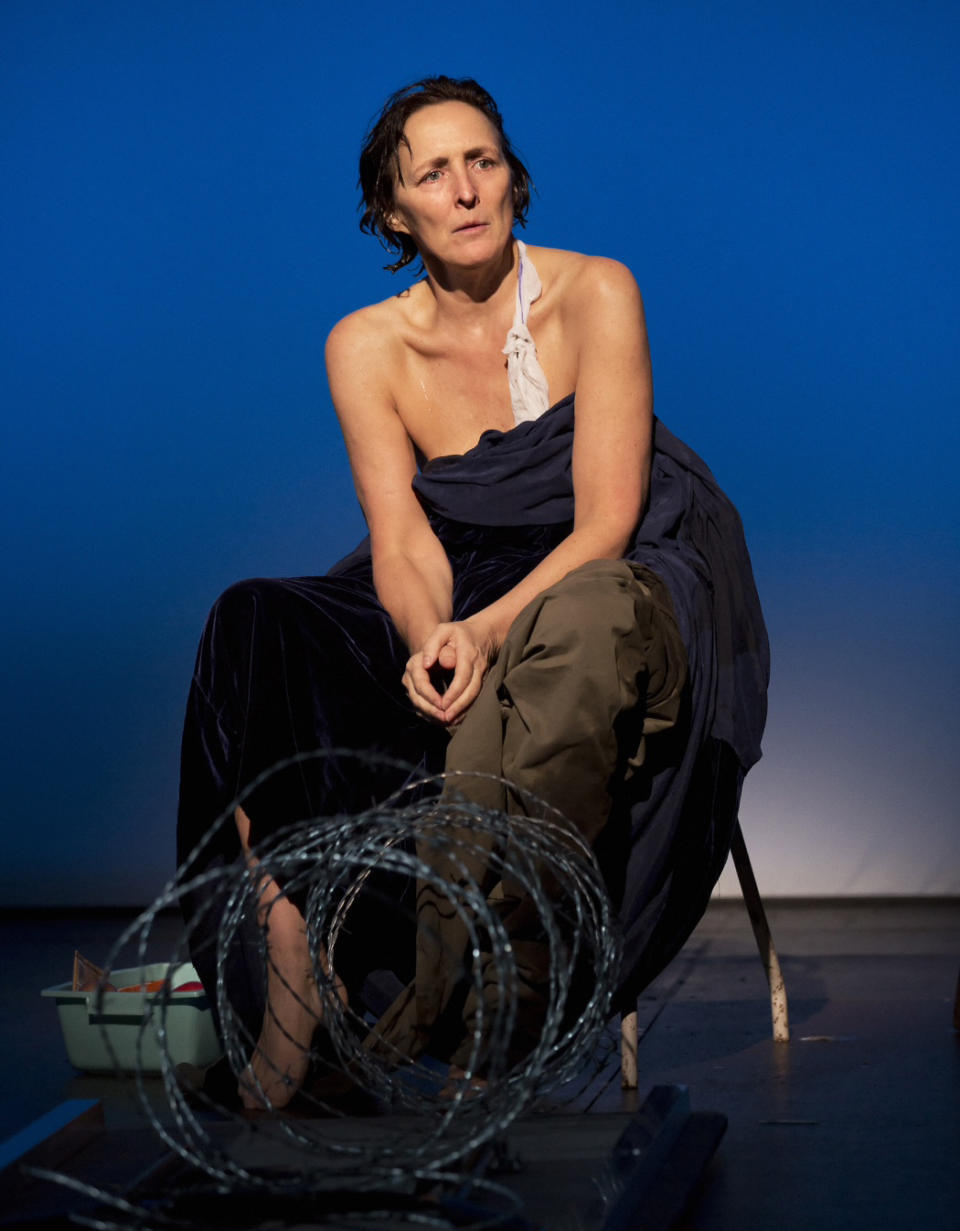 This theater image released by Philip Rinaldi Publicity shows Fiona Shaw, perhaps best known for playing Harry Potter's aunt, portraying the mother of Christ in Irish writer Colm Toibin's world premiere stage adaptation of his novella "The Testament of Mary," at the Walter Kerr Theatre in New York. (AP Photo/Philip Rinaldi Publicity, Paul Kolnik)