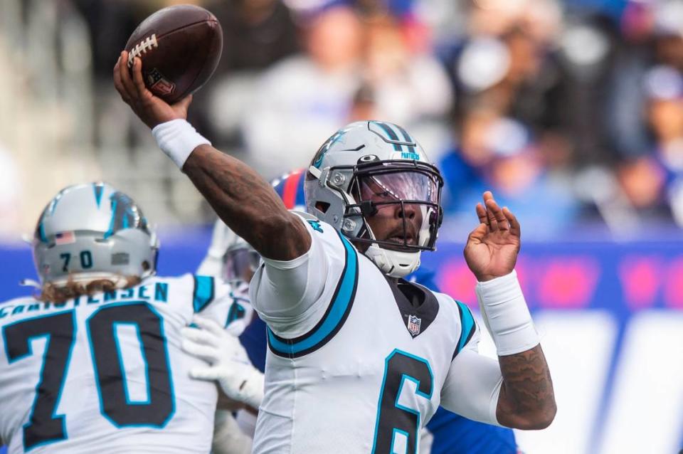 Panthers quarterback PJ Walker throws a pass during the game against the Giants at MetLife Stadium on Sunday, October 24, 2021 in Rutherford, NJ. Walker was brought in to replace starting quarterback Sam Darnold during the fourth quarter. The Panthers, who did not score a single touchdown, lost to the Giants, 24-3. This is the Panthers fourth straight loss after a 3-0 start to the season.