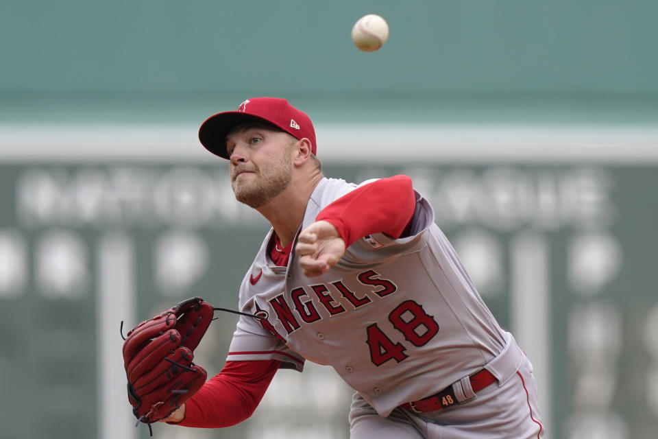 Los Angeles Angels' Reid Detmers delivers a pitch against a Boston Red Sox batter in the first inning of a baseball game Sunday, April 16, 2023, in Boston. (AP Photo/Steven Senne)