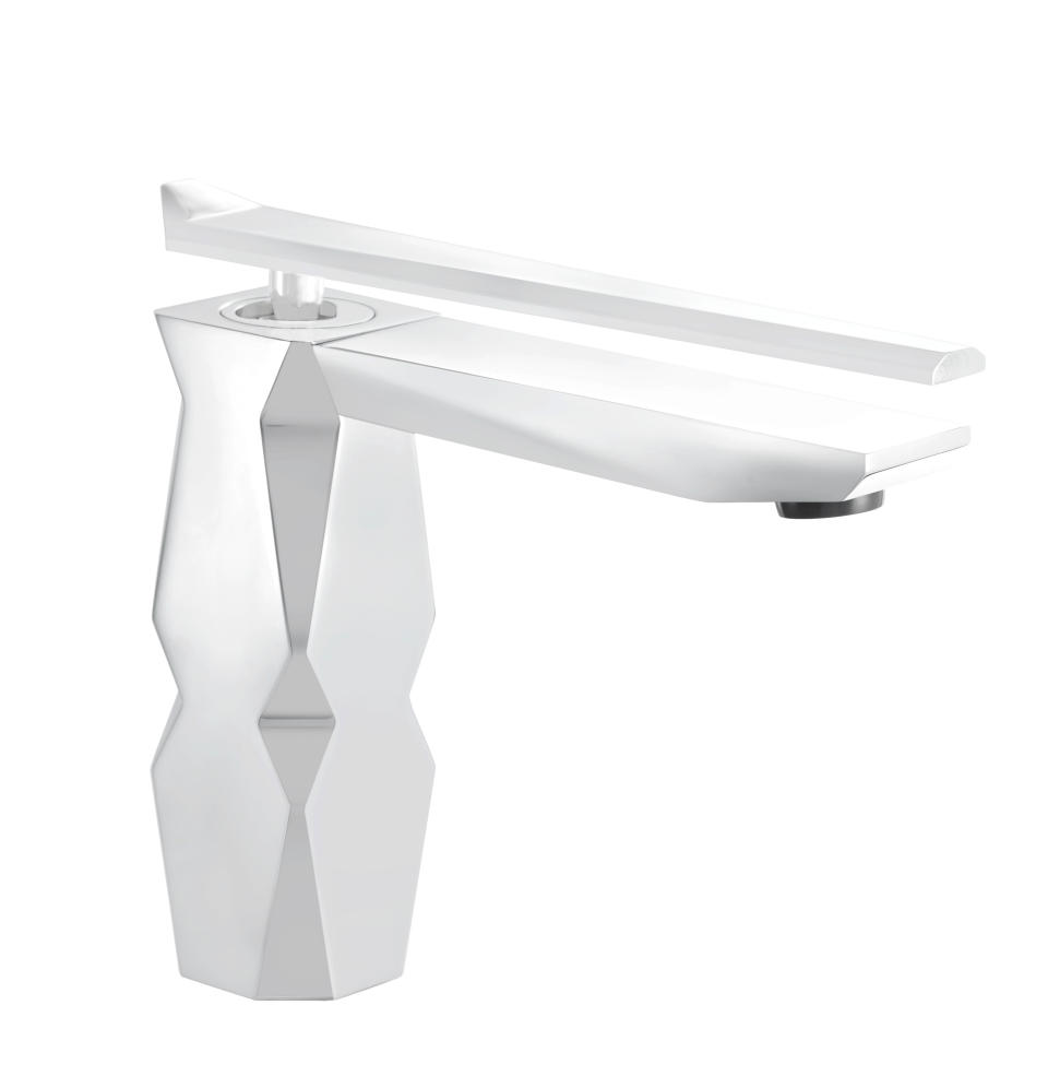 This photo provided by Wayfair shows the Ikon faucet from Maestro Bath. The design inspiration for the Ikon was a prism and the faucet comes in three metallic finishes as well as uber-trendy white. (Wayfair via AP)