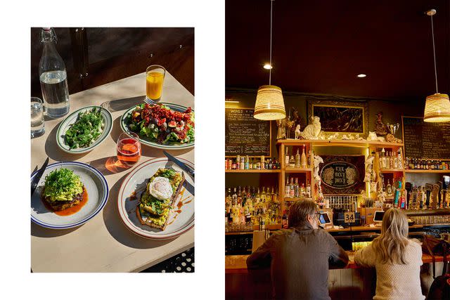 <p>Yasara Gunawardena</p> From left: Lunch at La Copine, in Yucca Valley, includes green beans with tahini, gem lettuce salad, artichoke toast, and a cake of Pacific rockfish; guests at the Tiny Pony Tavern before things get busy.