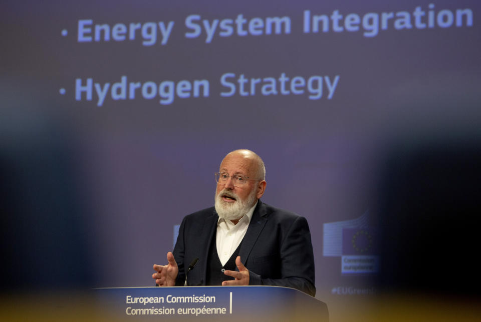 European Commissioner for European Green Deal Frans Timmermans speaks during a media conference at EU headquarters in Brussels, Wednesday, July 8, 2020. The EU wants to promote hydrogen produced from renewable electricity as part of its Green Deal plan to make the continent carbon neutral by 2050. (AP Photo/Virginia Mayo, Pool)