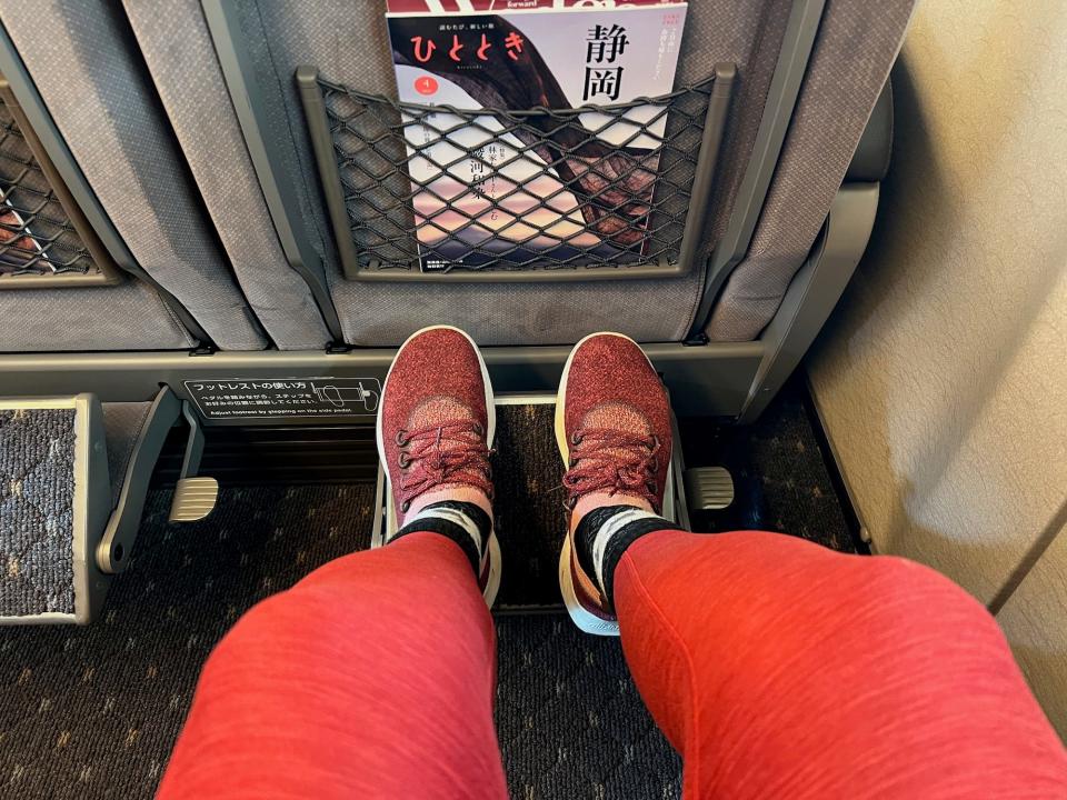 The author's red shoes on the footrest.