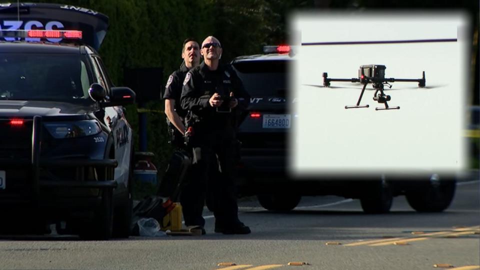 <div>Police are investigating after a group of armed robbery suspects crashed their car during a pursuit in Kent Tuesday morning. Photos taken by FOX 13 Seattle show officers operating a drone to search the area.</div>