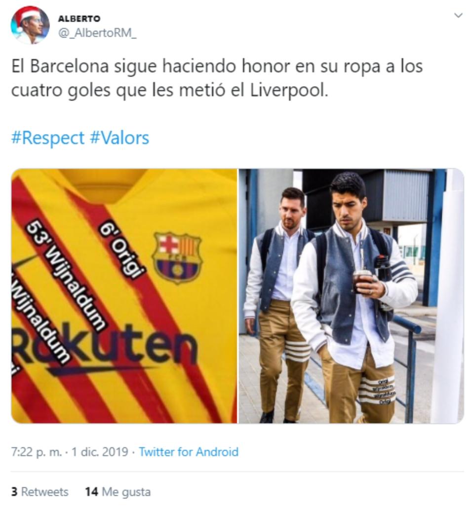 Un recuerdo que, según este seguidor merengue, también estaba en la camiseta que el Barça estrenó en el Wanda. (Foto: Twitter / <a href="http://twitter.com/_AlbertoRM_/status/1201205038087102464" rel="nofollow noopener" target="_blank" data-ylk="slk:@_AlbertoRM_;elm:context_link;itc:0;sec:content-canvas" class="link ">@_AlbertoRM_</a>).