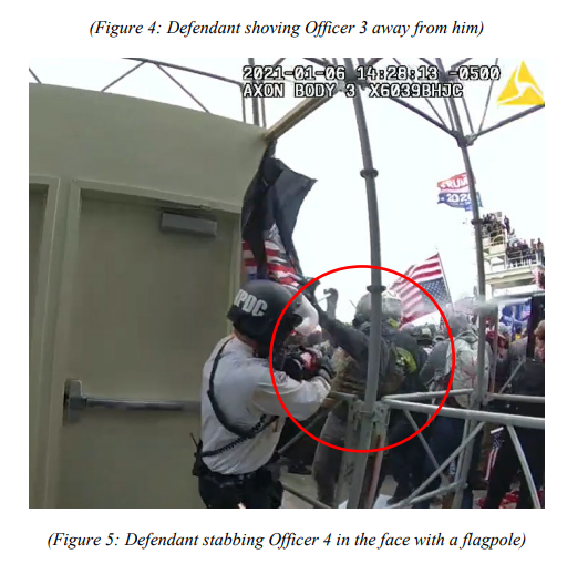 Video surveillance purportedly shows Special Forces veteran Jeffrey McKellop assaulting an officer with a flag pole during the Jan. 6, 2021, riot in Washington D.C.