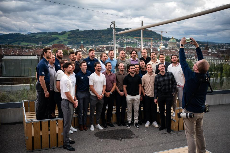 The Nashville Predators pose for a team picture at Hotel Kursaal in Bern, Switzerland, Sunday, Oct. 2, 2022.