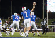 SMU quarterback Shane Buechele (7) throws a pass against Cincinnati during the first half of an NCAA college football game Saturday, Oct. 24, 2020, in Dallas. (AP Photo/Jeffrey McWhorter)