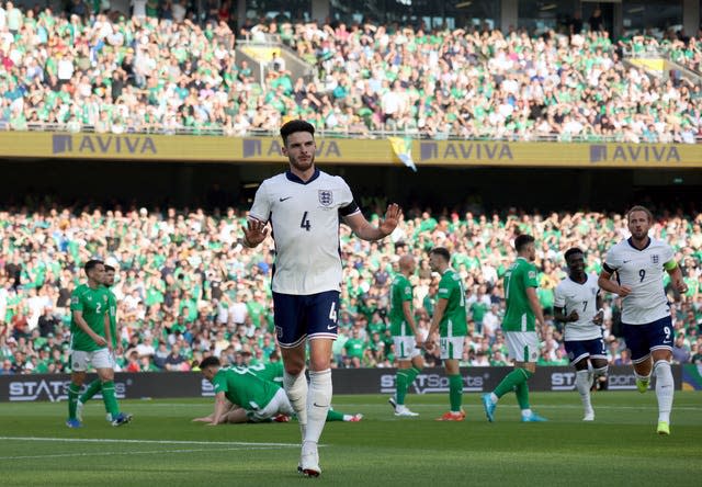 England’s Declan Rice celebrates scoring against the Republic of Ireland at the Aviva Stadium in Dublin