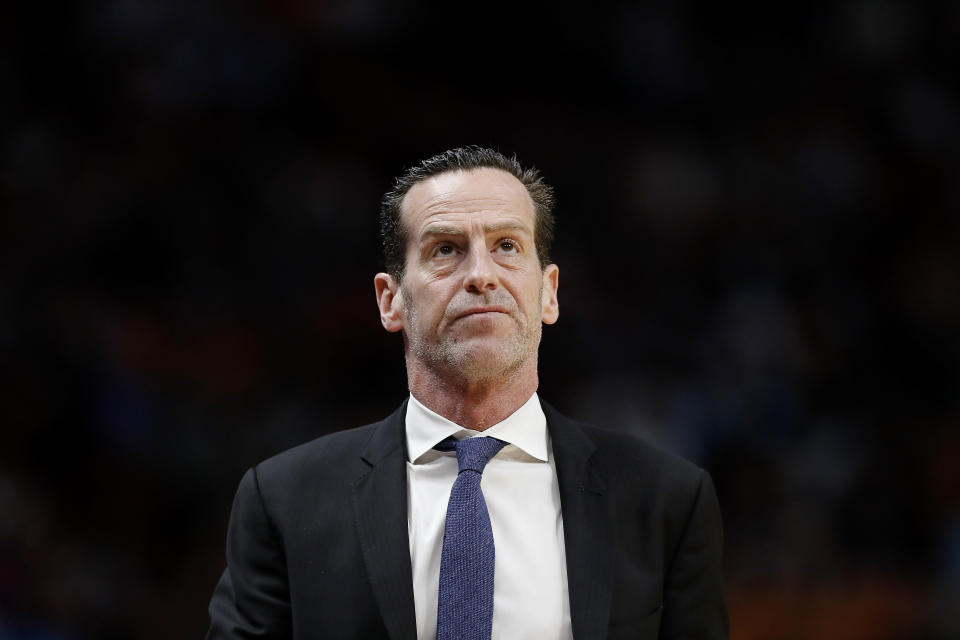 MIAMI, FLORIDA - FEBRUARY 29:  Head coach Kenny Atkinson of the Brooklyn Nets reacts against the Miami Heat during the second half at American Airlines Arena on February 29, 2020 in Miami, Florida. NOTE TO USER: User expressly acknowledges and agrees that, by downloading and/or using this photograph, user is consenting to the terms and conditions of the Getty Images License Agreement.  (Photo by Michael Reaves/Getty Images)