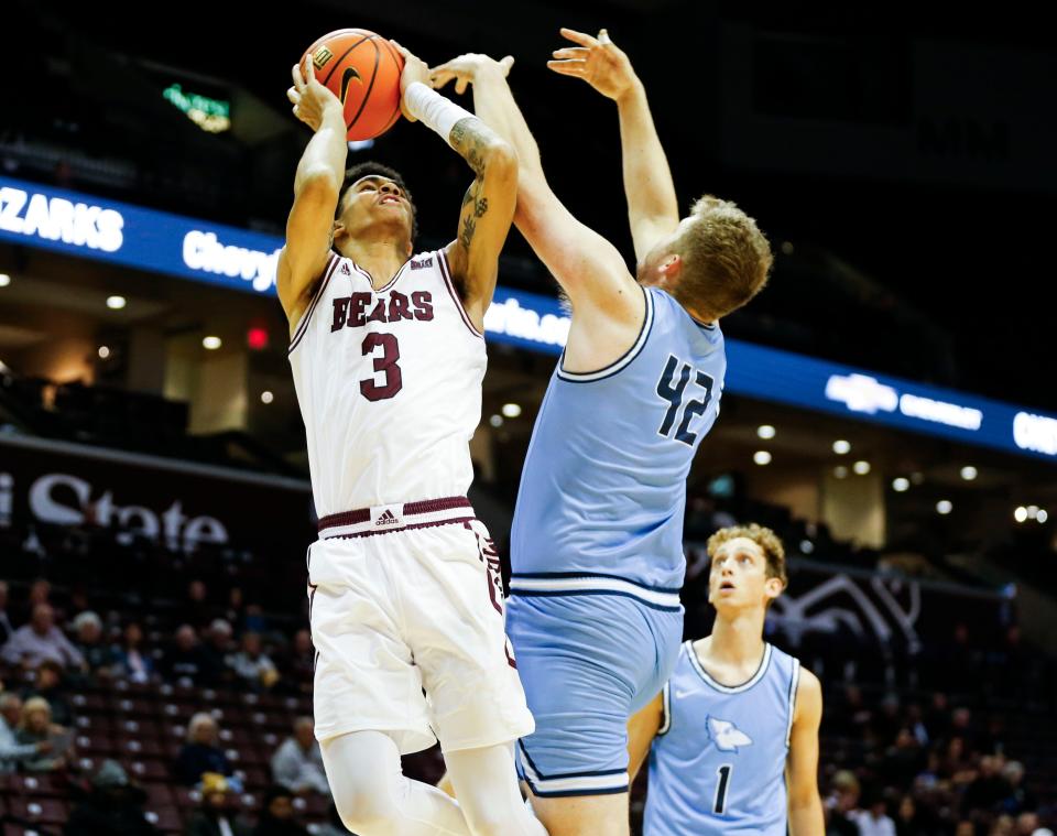 Missouri State freshman Tyler Bey shoots a field goal as the Bears take on the Westminster College Blue Jays at Great Southern Bank Arena on Thursday, Nov. 2, 2023.