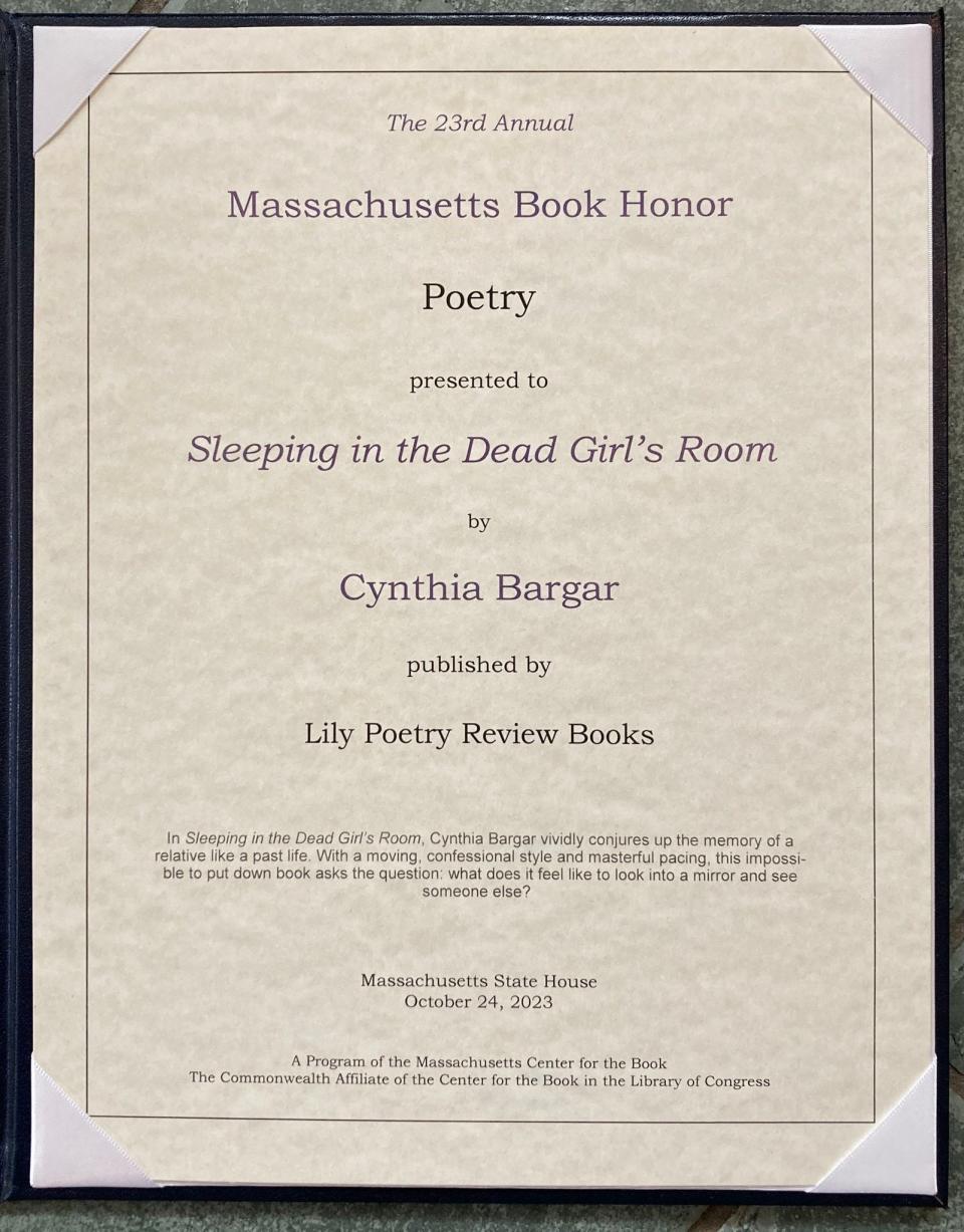 Poet Cynthia Bargar received a Massachusetts Book Honor Award for Poetry for her book "Sleeping in the Dead Girl's Room."