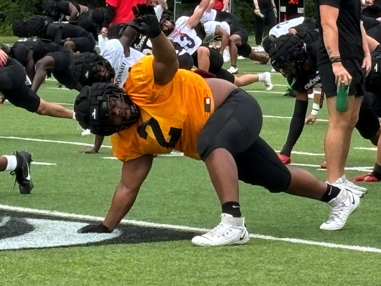 UC defensive lineman Dontay Corleone continues to work in most drills at practice at Higher Ground. He has yet to return to a full participant as the Bearcat medical team assesses his progress from having blood clots in his lungs in mid-June.