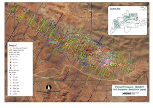 Historical drillhole locations and results from Parnell and Vulture prospect soil sampling program.