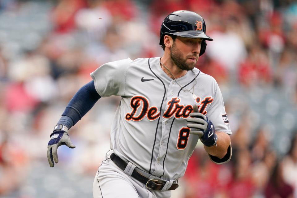 Detroit Tigers' Matt Vierling runs after hitting a single during the third inning against the Los Angeles Angels at Angel Stadium in Anaheim, California, on Sunday, Sept. 17, 2023.
