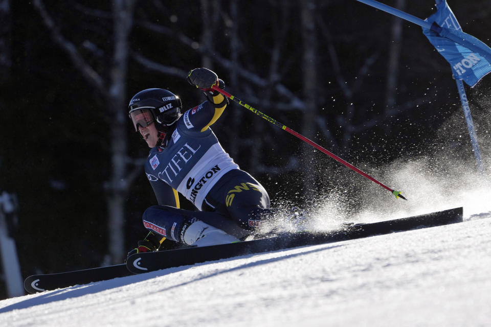 Sweden's Sara Hector competes during a women's World Cup giant slalom skiing race Saturday, Nov. 26, 2022, in Killington, Vt. (AP Photo/Robert F. Bukaty)