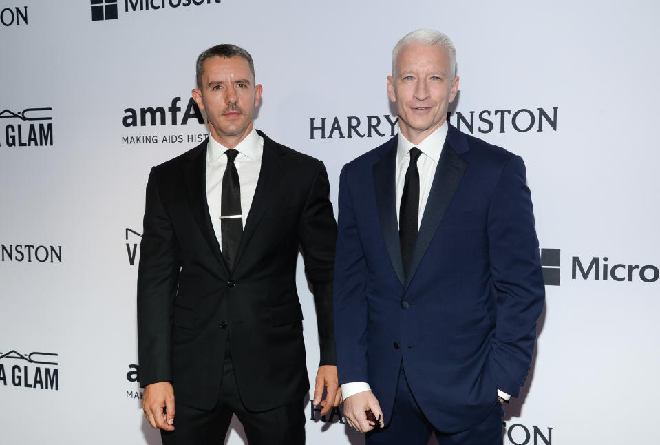 Benjamin Maisani and Anderson Cooper attend the 6th Annual amfAR New York Inspiration Gala at Spring Studios on Tuesday, June 16, 2015, in New York. (Photo by Evan Agostini/Invision/AP)