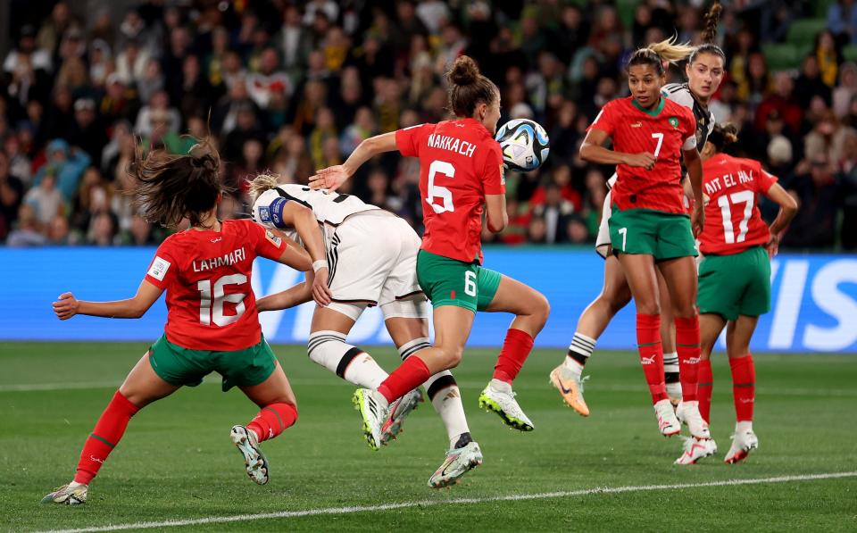 Alexandra Popp (2nd L) of Germany heads to score her team's second goal during the FIFA Women's World Cup Australia & New Zealand 2023 Group H match between Germany and Morocco at Melbourne Rectangular Stadium on July 24, 2023 in Melbourne, Australia.