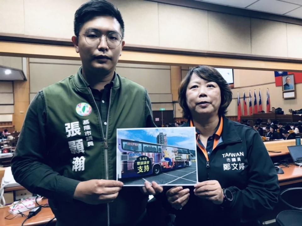 青年電動機車預算議會尚未審查，署名基隆市政府的車體廣告滿街跑(上)，民進黨團議員開議砲轟形同對議會下指導棋(下)。(記者王慕慈攝)