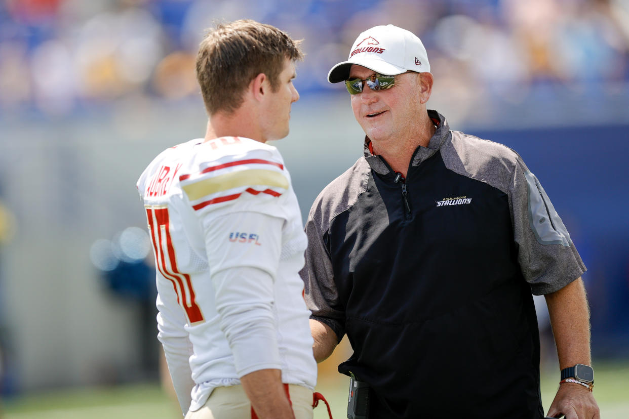 Birmingham Stallions head coach Skip Holtz took a chance when he drafted Brandon Aubrey, who hadn't played organized football since middle school. (Alex Slitz/USFL/Getty Images for USFL)