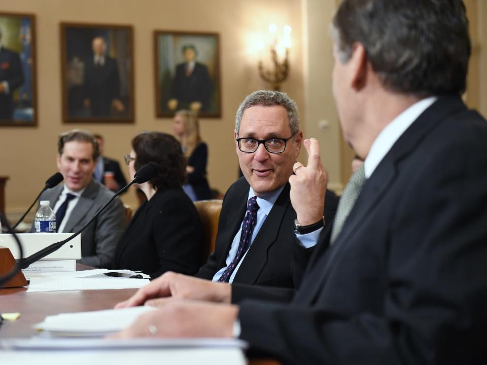 Professors Noah Feldman, left to right, Pamela S. Karlan, Michael Gerhardt, and Jonathan Turley are seen following a break during a House Judiciary Committee Impeachment Inquiry hearing at the Longworth House Office Building on Wednesday December 04, 2019 in Washington, DC.