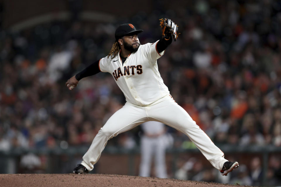 San Francisco Giants' Johnny Cueto pitches against the Arizona Diamondbacks during the fourth inning of a baseball game in San Francisco, Thursday, Sept. 30, 2021. (AP Photo/Jed Jacobsohn)