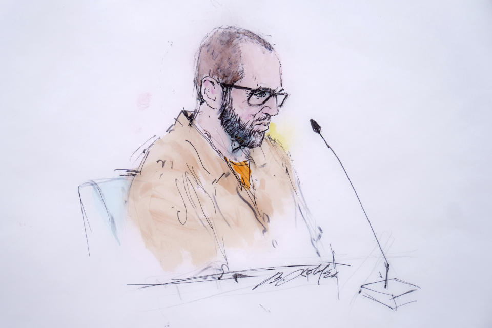 In this courtroom sketch Defendant Alexander Smirnov speaks in Federal court in Los Angeles, Feb. 26, 2024. The FBI informant who was once held up by Republicans as a credible source of information about Hunter Biden now finds himself charged with lying to federal authorities. Alexander Smirnov is accused of fabricating a tale of bribery and espionage involving the then-vice president and the Ukrainian energy company Burisma and has claimed to have ties to Russian intelligence operatives.(William T. Robles via AP)