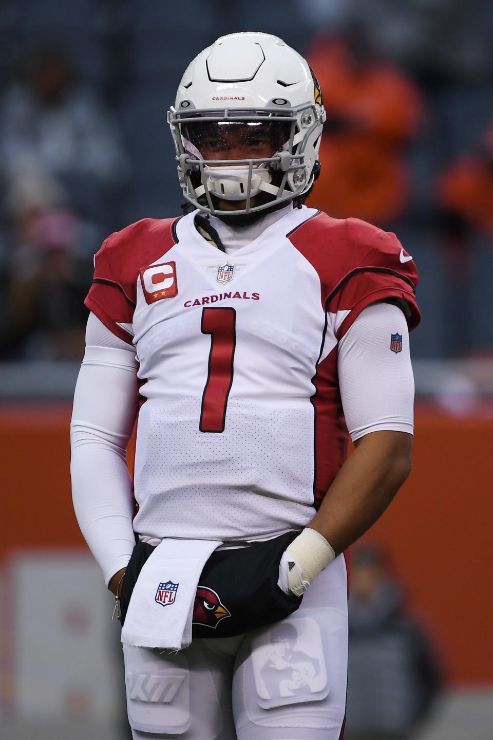 Dec 5, 2021; Chicago, Illinois, USA; Arizona Cardinals quarterback Kyler Murray (1) warms up before the game against the Chicago Bears at Soldier Field. Mandatory Credit: Quinn Harris-USA TODAY Sports