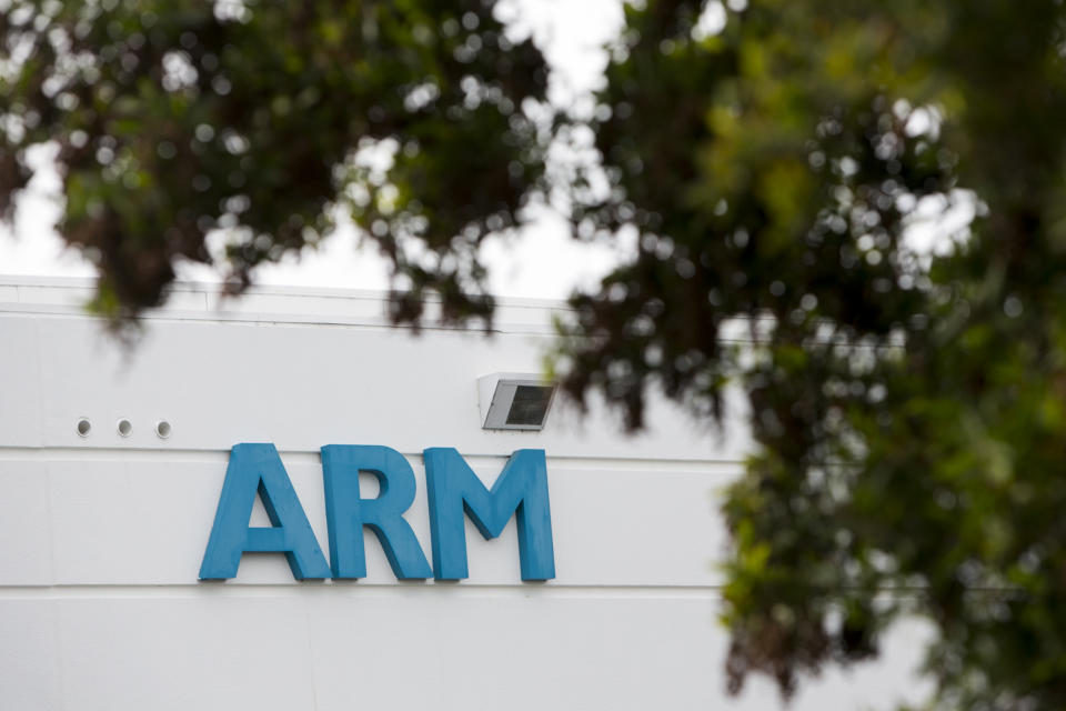 A logo sign outside an office building occupied by ARM Holdings plc, in San Jose, California on December 7, 2014. Photo Credit: Kristoffer Tripplaar/ Sipa USA *** Please Use Credit from Credit Field ***