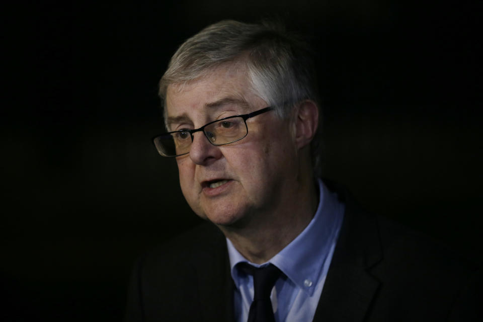 First Minister of Wales Mark Drakeford speaks to the media after a meeting at 10 Downing Street, in London, Wednesday Dec. 19, 2018. (AP Photo/Tim Ireland)