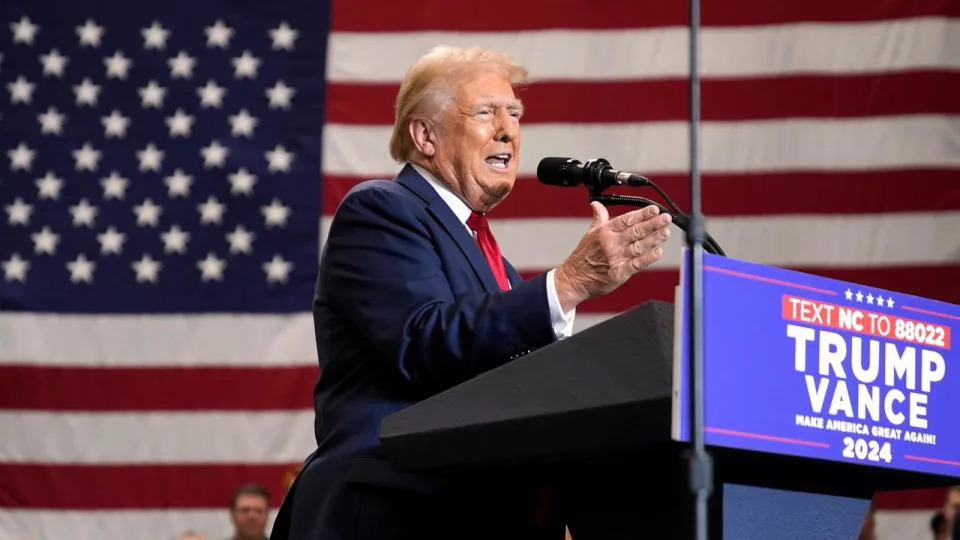 PHOTO: Republican presidential nominee former President Donald Trump speaks during a campaign event, on Sept. 25, 2024, in Mint Hill, N.C. (Evan Vucci/AP)