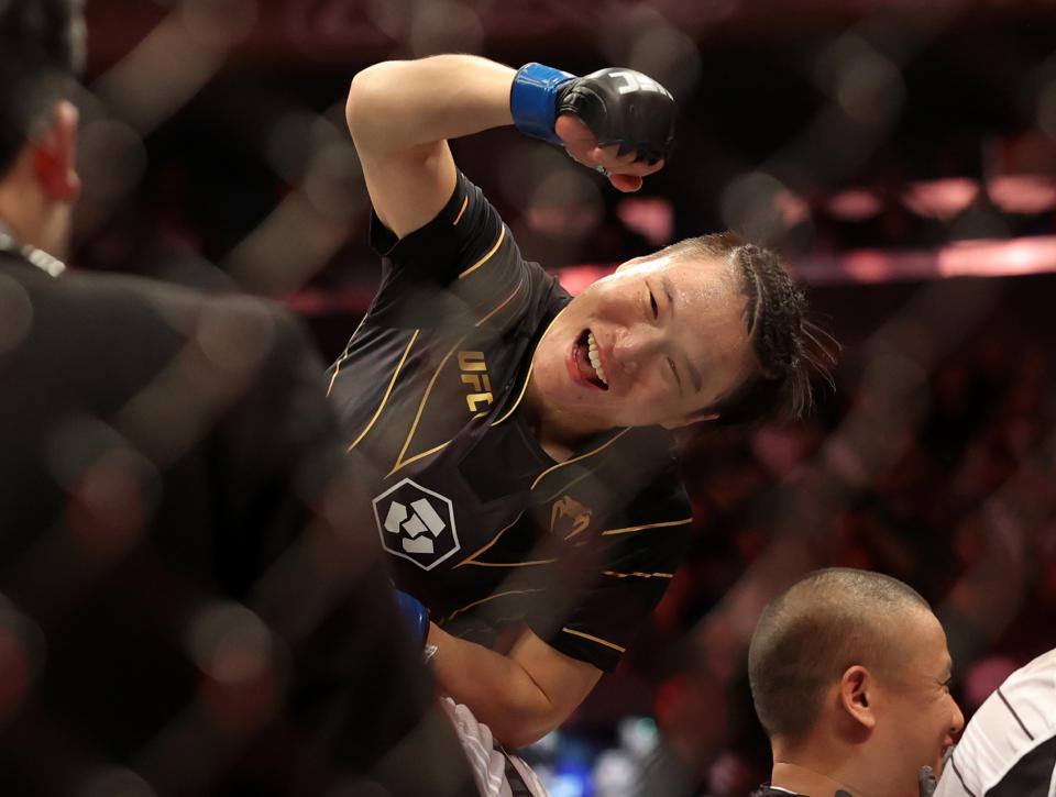 Nov 12, 2022; New York, NY, USA; Zhang Weili celebrates her defeat of Carla Esparza during UFC 281 at Madison Square Garden. Mandatory Credit: Jessica Alcheh-USA TODAY Sports