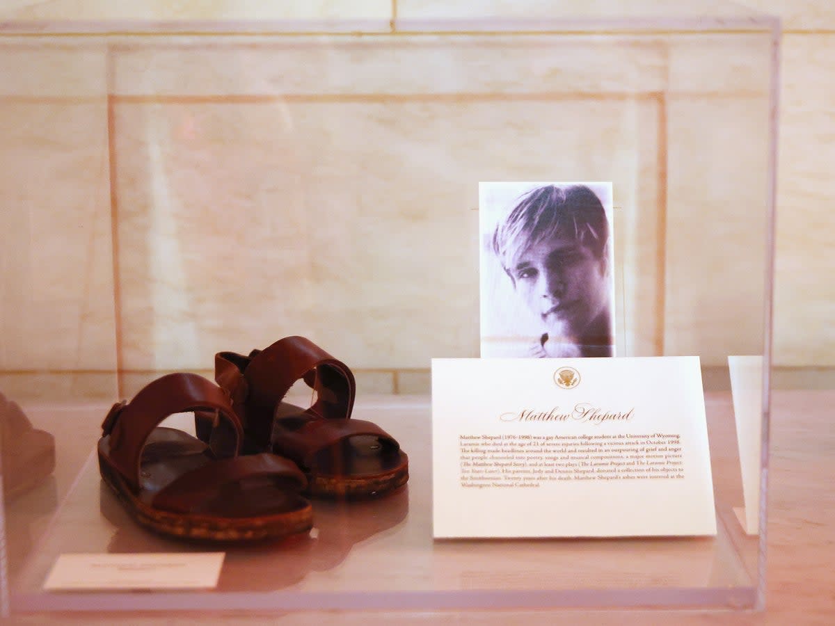 A pair of Matthew Shepard’s sandals are displayed at the White House as part of the commemoration of LGBTQ+ Pride Month on June 25, 2021 in Washington (Getty Images)