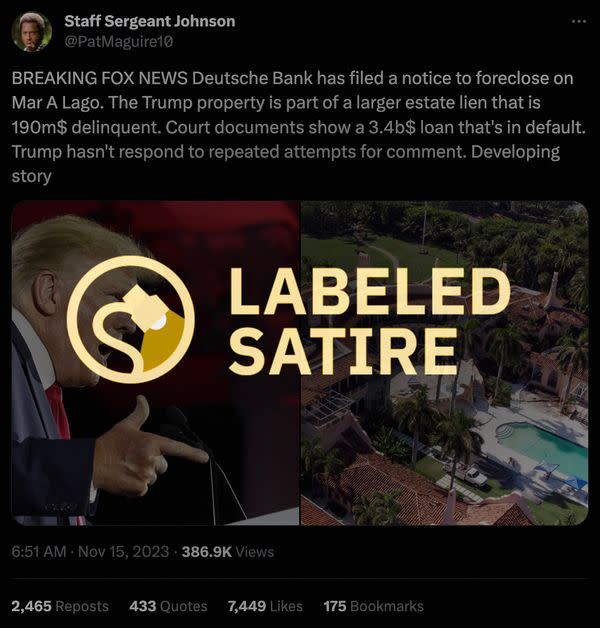 Un tweet di un account satirico afferma che l'ex presidente degli Stati Uniti Donald Trump ha ricevuto un avviso da Deutsche Bank del pignoramento della sua proprietà nel resort Mar-a-Lago a Palm Beach, in Florida.