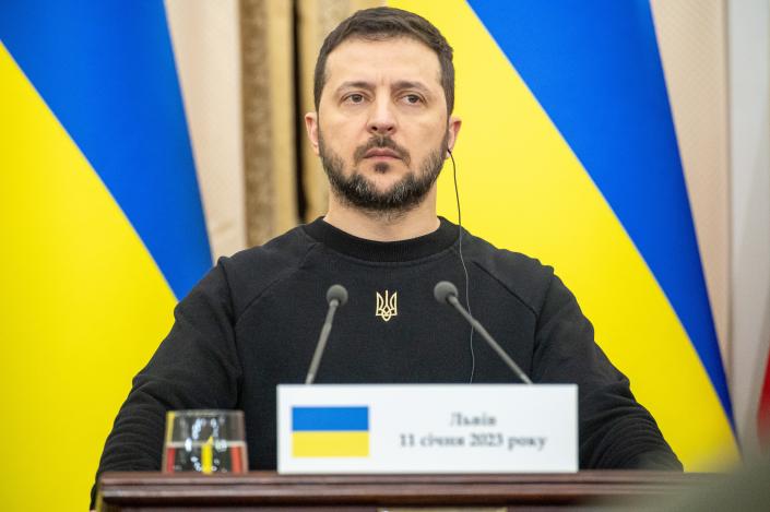 President of Ukraine Volodymyr Zelenskyy during a press conference following the tripartite meeting on January 11, 2023 in Lviv, Ukraine. Ukrainian president Volodymyr Zelensky met with Polish president Andrzej Duda and Lithuanian leader Gitanas Nauseda in Lviv.