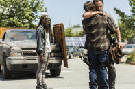 <p>Andrew Lincoln as Rick Grimes, Chandler Riggs as Carl Grimes, and Danai Gurira as Michonne in AMC’s <i>The Walking Dead</i>.<br>(Photo: Jackson Lee Davis/AMC) </p>