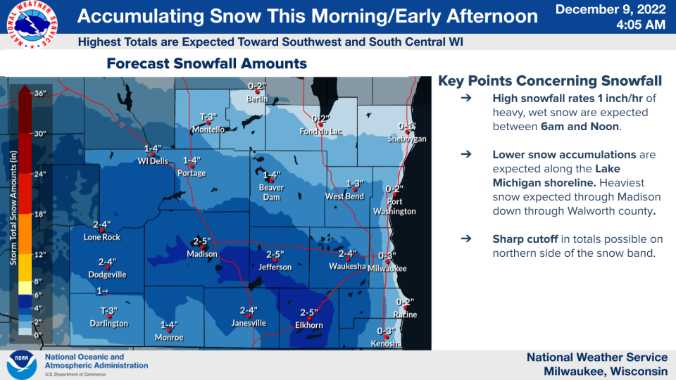 A map showing possible snowfall accumulations across southern Wisconsin on Dec. 9, 2022.