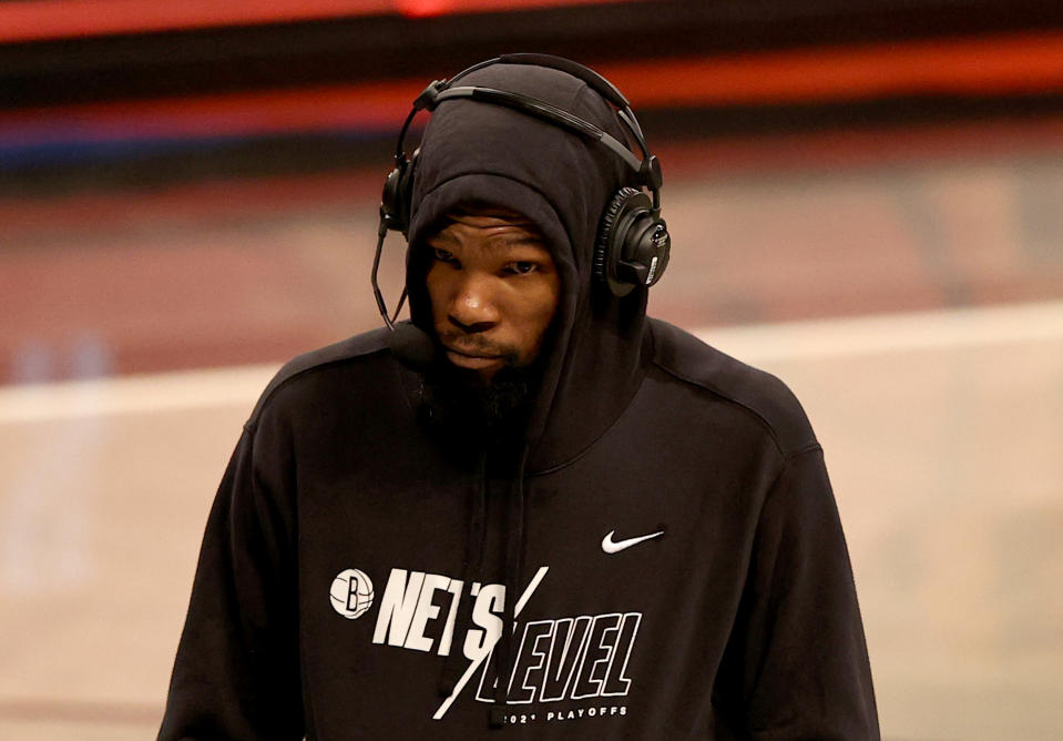 NEW YORK, NEW YORK - JUNE 07:  Kevin Durant #7 of the Brooklyn Nets is interviewed after game two of the Eastern Conference second round series against the Milwaukee Bucks at Barclays Center on June 07, 2021 in the Brooklyn borough of New York City. The Brooklyn Nets defeated the Milwaukee Bucks 125-86. NOTE TO USER: User expressly acknowledges and agrees that, by downloading and or using this photograph, User is consenting to the terms and conditions of the Getty Images License Agreement. (Photo by Elsa/Getty Images)