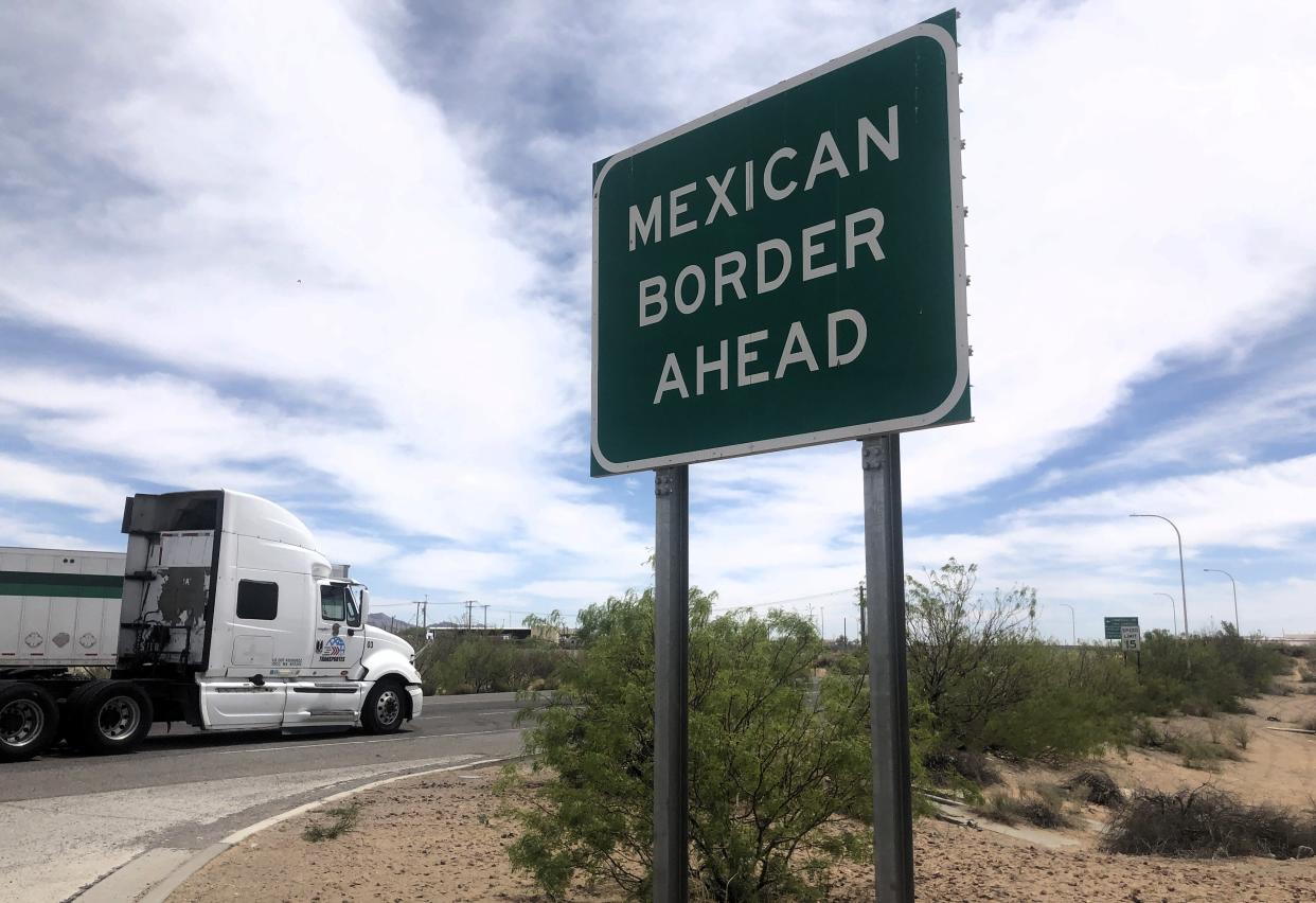 A truck heads toward the Santa Teresa international port of entry on April 24, 2024. The planned Alta Mesa Estates will be located a few miles north of the United States-Mexico border crossing.