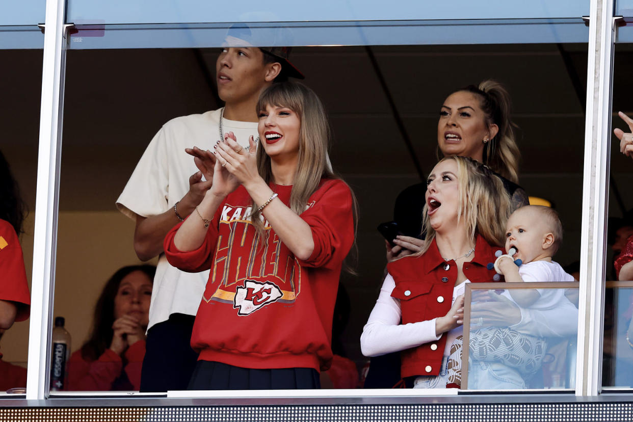 Taylor Swift and Brittany Mahomes react during a game between the Los Angeles Chargers and Kansas City Chiefs on Oct. 22, 2023 in Kansas City, Mo. (David Eulitt / Getty Images)