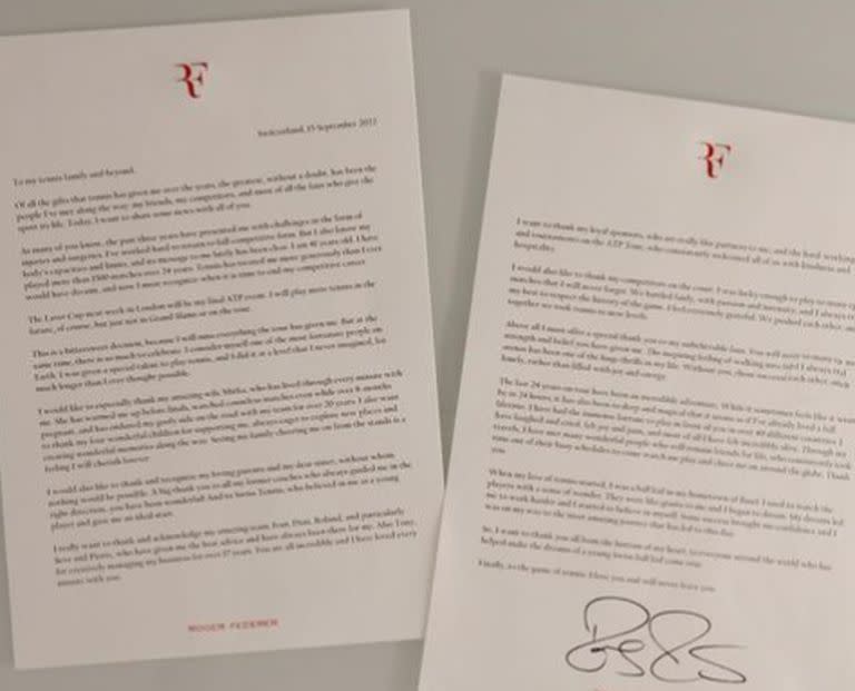 La carta escrita con la que Roger Federer anunció su retiro del tenis