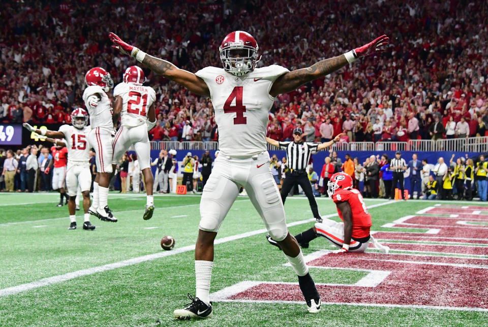 ATLANTA, GA - DECEMBER 01:  Saivion Smith #4 of the Alabama Crimson Tide reacts after breaking up a pass in the second half against the Georgia Bulldogs during the 2018 SEC Championship Game at Mercedes-Benz Stadium on December 1, 2018 in Atlanta, Georgia.  (Photo by Scott Cunningham/Getty Images)