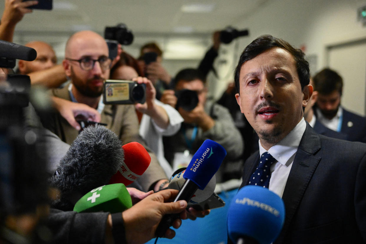 Pablo Longoria, ici s’adressant aux médias après les incidents avant OM-OL, à l’Orange Vélodrome, le 29 octobre 2023.