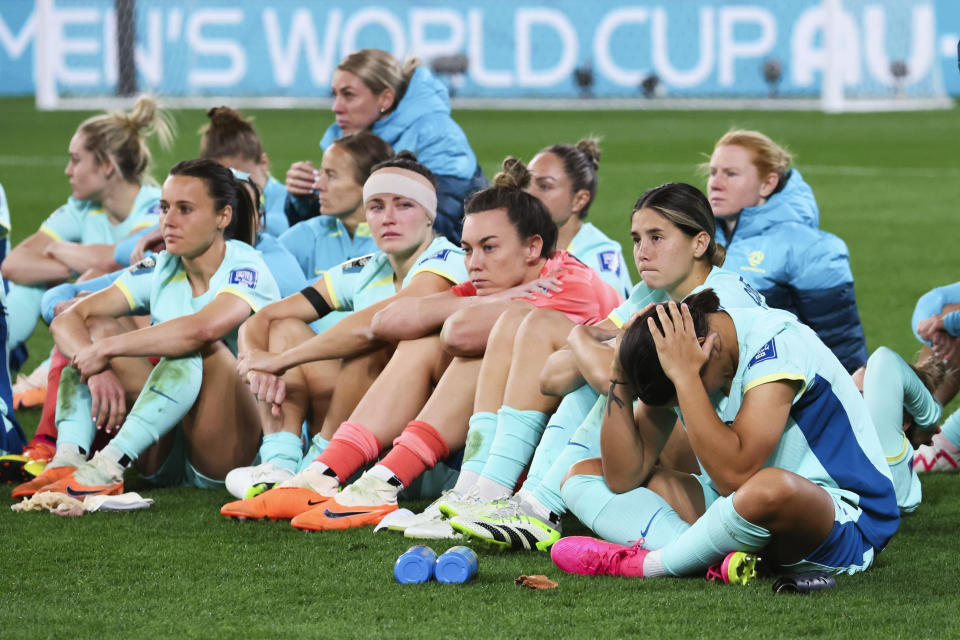 Australia react following their loss to Sweden in the Women's World Cup third place playoff soccer match in Brisbane, Australia, Saturday, Aug. 19, 2023. (AP Photo/Tertius Pickard)