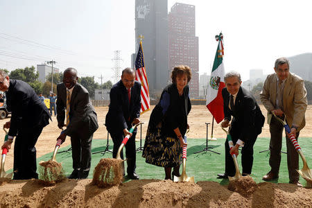 U.S. Ambassador to Mexico Roberta S. Jacobson (3rd R) and Mexico City Mayor Miguel Angel Mancera (2nd R) attend a ceremony to place the first stone of the new U.S. Embassy in Mexico City, Mexico February 13, 2018. REUTERS/Edgard Garrido