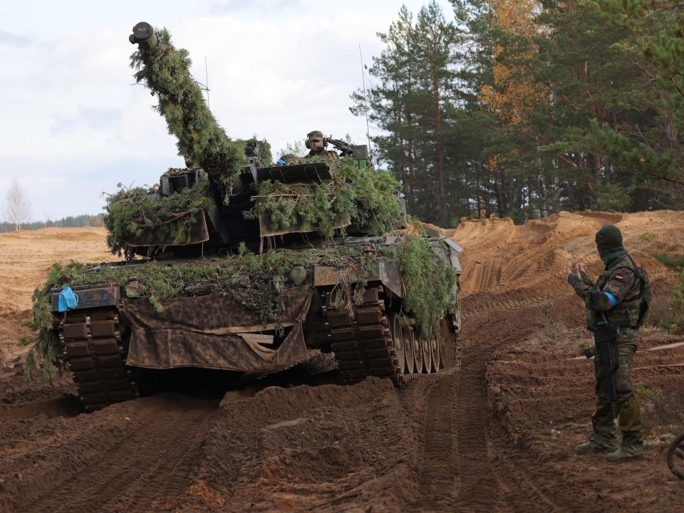 A Leopard 2A6 main battle tank of the Bundeswehr, the German armed forces, participates in the NATO Iron Wolf military exercises on October 26, 2022 in Pabrade, Lithuania.