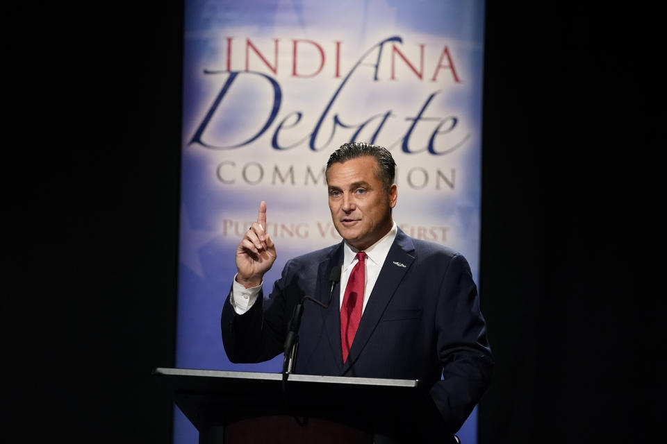 Democrat Thomas McDermott speaks during a U.S. Senate debate, Sunday, Oct. 16, 2022, in Indianapolis. (AP Photo/Darron Cummings, Pool)